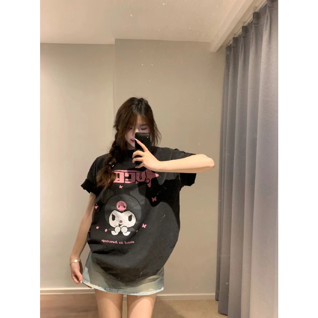 NRVP Áo Thun Đen 100% Cotton Tay Ngắn Dáng Rộng In Hoạ Tiết Độc Đáo