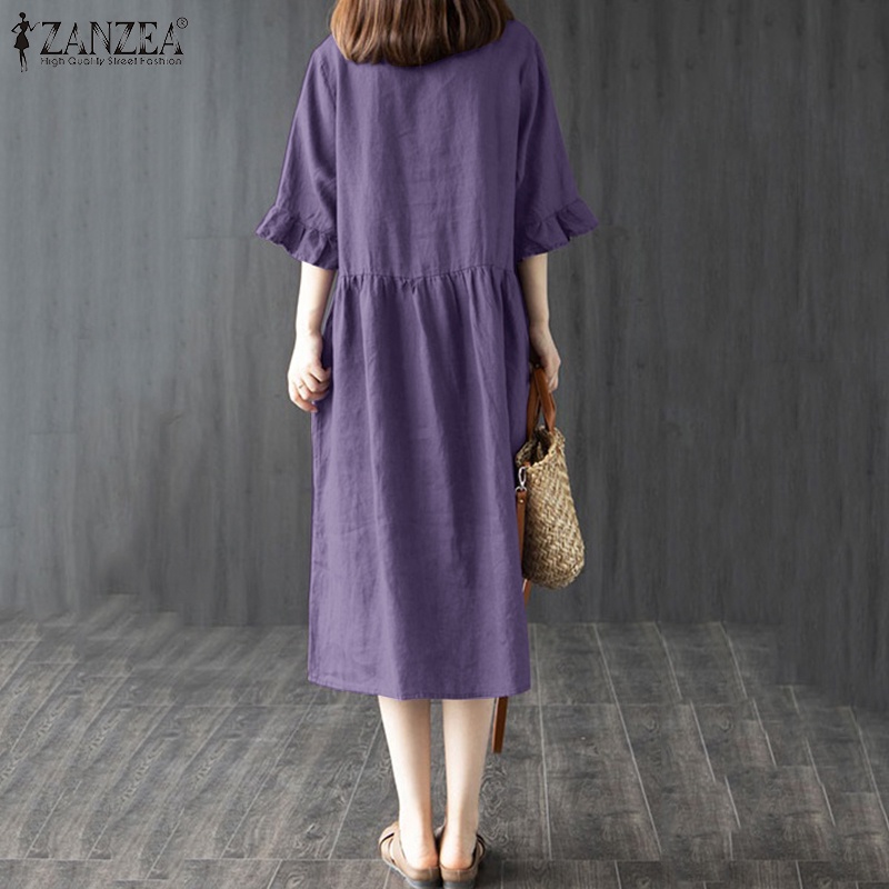 Đầm nữ ZANZEA tay lửng cổ tròn phối bèo thời trang