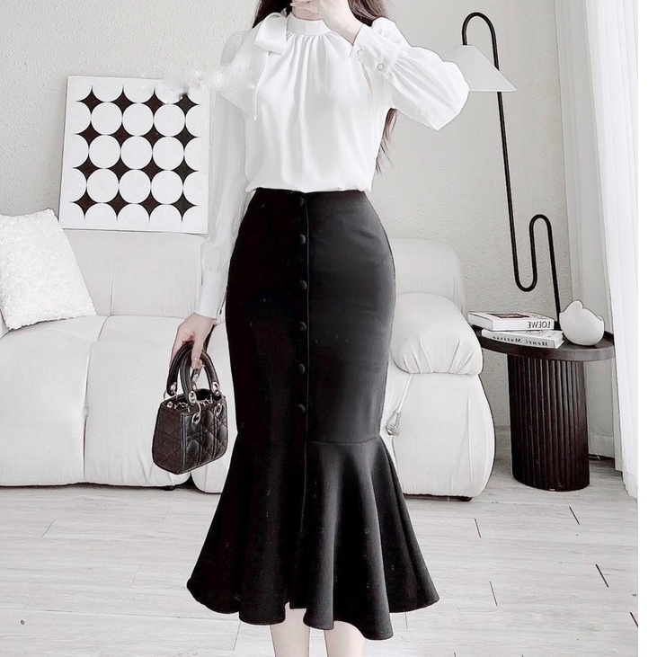 Chân váy đuôi cá cúc bọc dáng ngắn và dài 182a-182B HANAASHOP