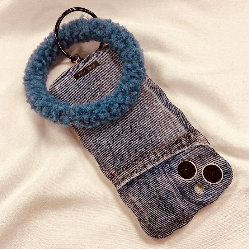 Ốp Điện Thoại Họa Tiết Denim Có Vòng Tay Đỡ Hình Trái Tim Cho Iphone 14Promax 11 12