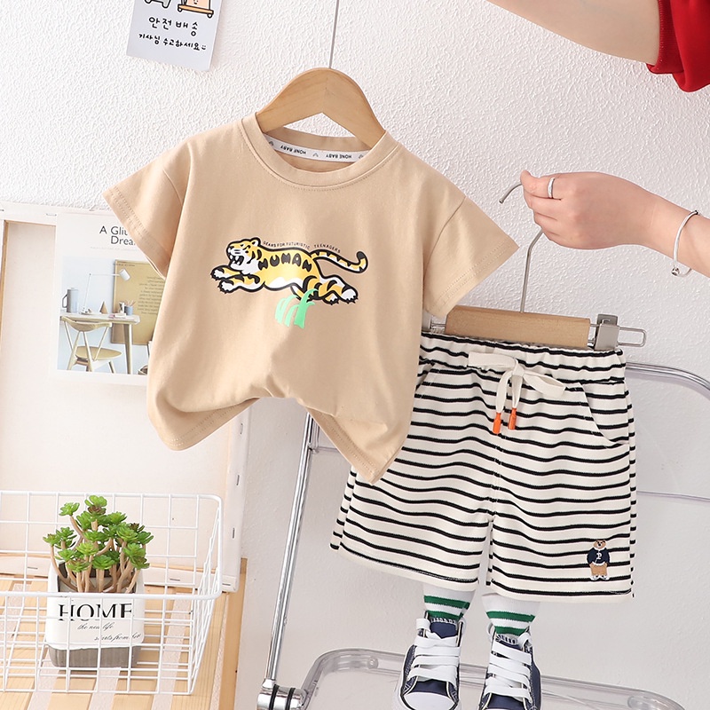 Set Đồ Mùa Hè 2 Món Gồm Áo Thun Cotton Tay Cộc + Quần Ngắn In Họa Tiết Hoạt Hình Cho Bé Trai