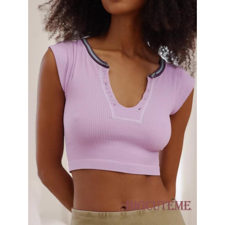 Áo Thun Crop Top Ôm Dáng Cổ Chữ V Màu Sắc Tương Phản Thời Trang Mùa Hè Cho Nữ