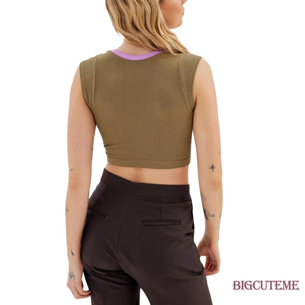 Áo Thun Croptop Tay Ngắn Cổ Chữ U Màu Sắc Tương Phản Thời Trang Mùa Hè Cho Nữ