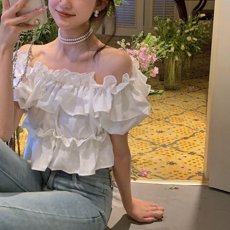 Jiashucheng Áo Sơ Mi Ngắn Tay Trễ Vai Ôm Dáng Phối Bèo Thời Trang Mùa Hè Cho Nữ