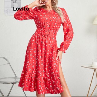 Đầm Lovito cổ tròn cột dây in họa tiết hoa phong cách thường ngày L10165 (màu đỏ)