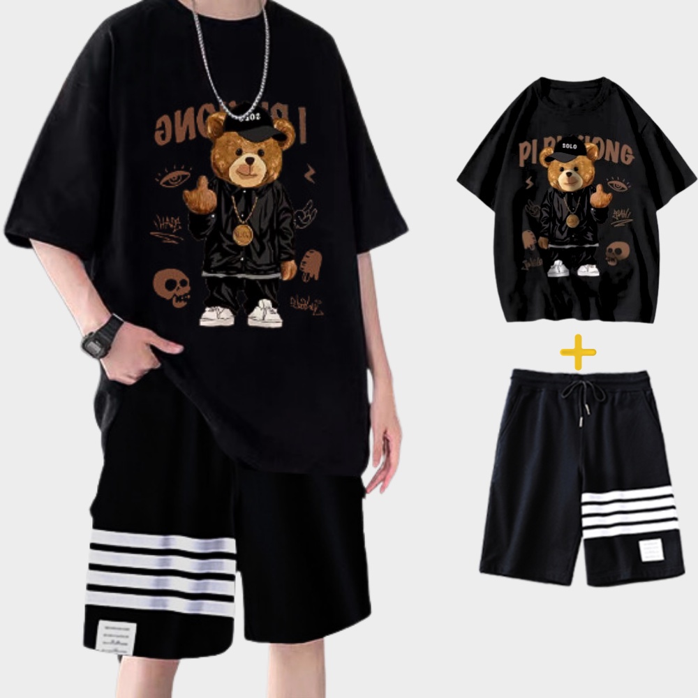Mẫu mới combo áo thun form rộng gấu đồ đen solo kèm quần short sọc ngang phong cách sozo top 010 ghep short 016