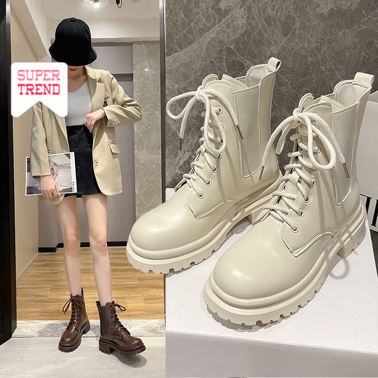 Giày Ống Ngắn Cột Dây Phía Trước Màu Trơn Cổ Điển Đơn Giản Thời Trang