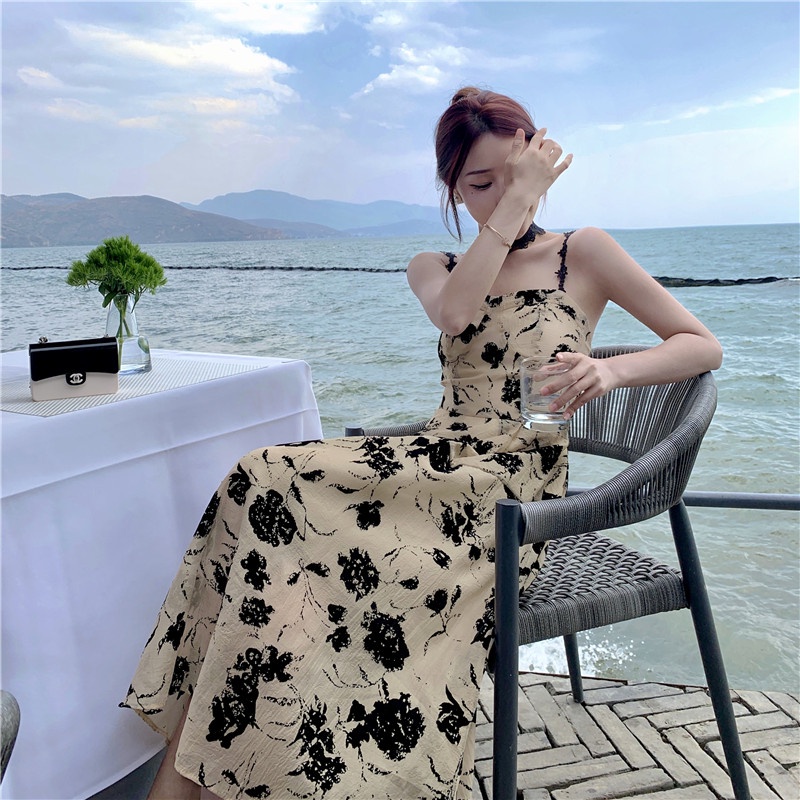 Đầm Midi Hai Dây Họa Tiết Hoa Phong Cách Retro Hàn Quốc Cho Nữ