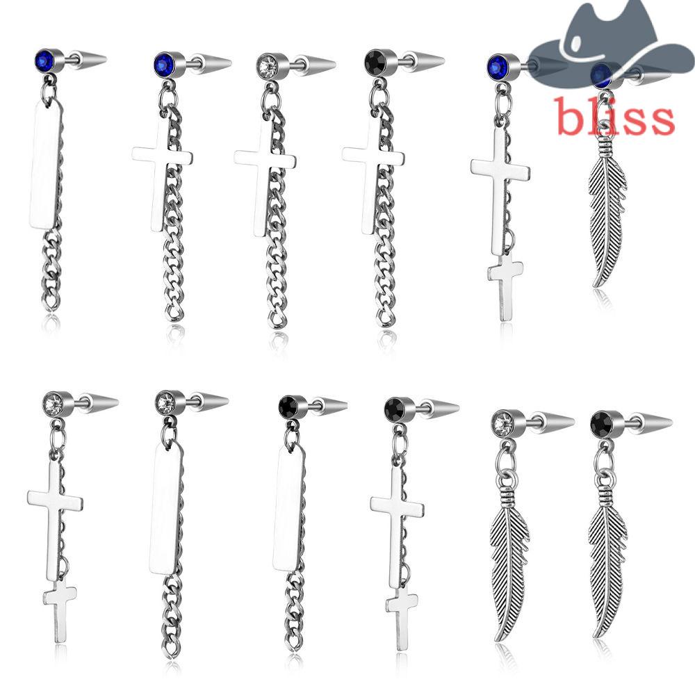 Khuyên Tai Thép Titan Hình Lông Vũ Phong Cách Punk Cho Nam|Bông Tai Đính Đá Thời Trang Dành Cho Nữ