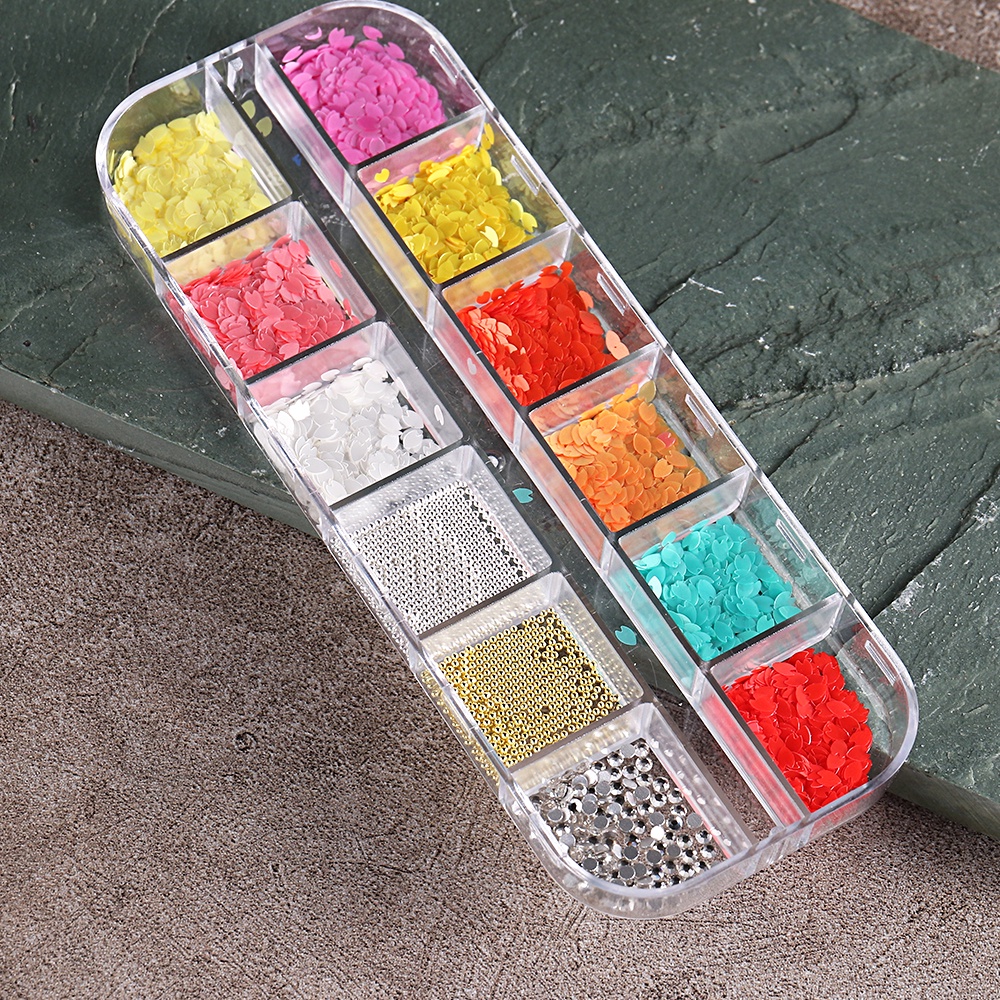 Hộp 12 Ngăn Đựng Hạt Kim Sa Hình Hoa Anh Đào Nhiều Màu Sắc Trang Trí Móng Tay Nghệ Thuật Mùa Hè