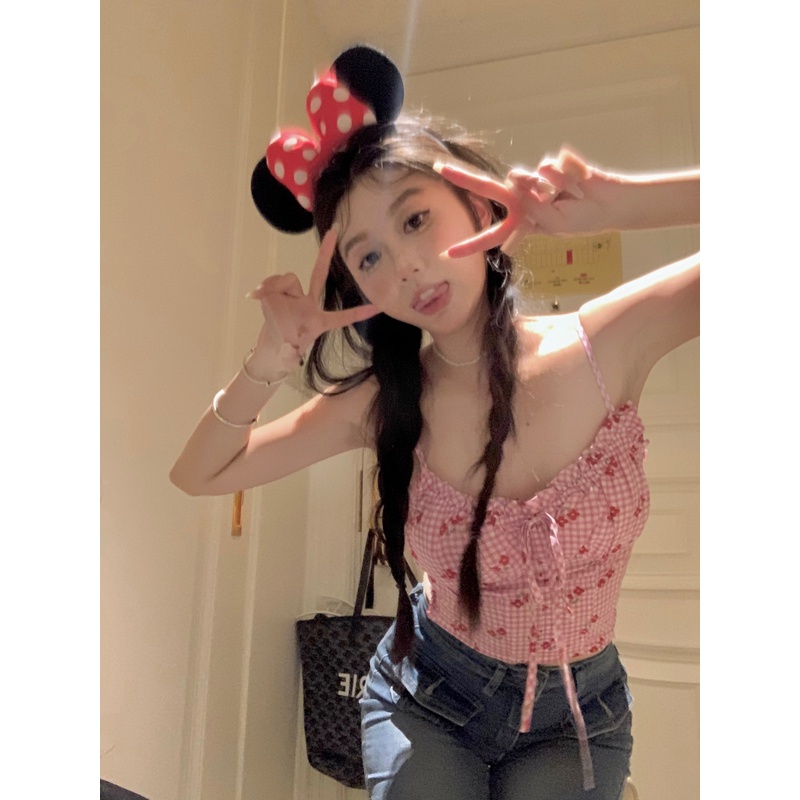 Áo Hai Dây Mỏng Cột Dây In Họa Tiết Kẻ Sọc Thời Trang Cho Nữ