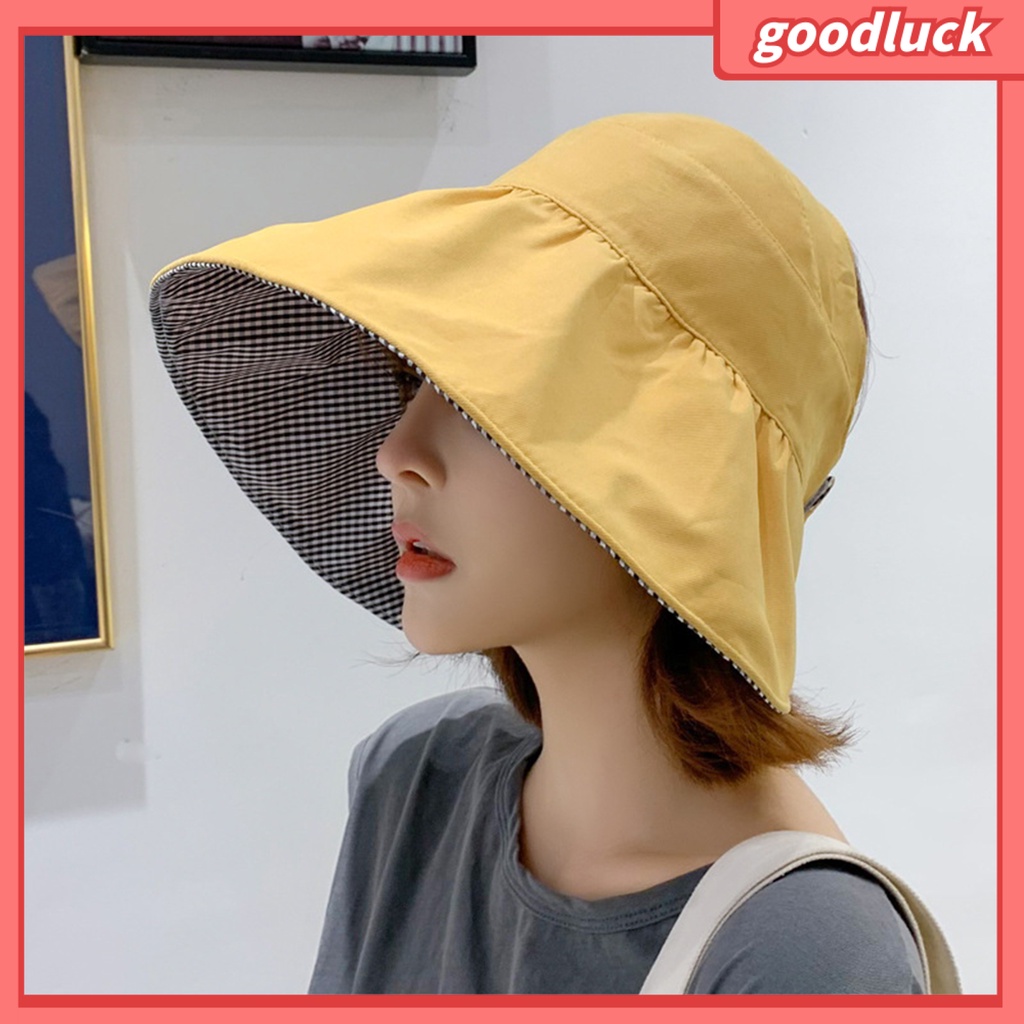 [GOO] Mũ Tai Bèo Che Nắng Hở Chóp Có Dây Đeo Hai Mặt Chống Gió Có Thể Điều Chỉnh Vành Rộng Kẻ Sọc Caro Bảo Vệ Mặt Có Lớp
