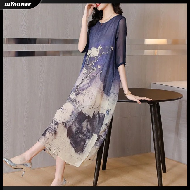 Đầm Midi Tay Ngắn Cổ Tròn Dáng Chữ A In Họa Tiết Thời Trang Mùa Hè Xinh Xắn Cho Nữ