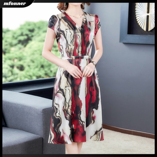 Đầm Tay Ngắn Cổ Chữ V Eo Cao Bằng Lụa Mát In Họa Tiết Thời Trang Dành Cho Nữ