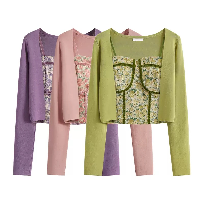 Set Áo Hai Dây + Áo Khoác Cardigan In Hoa Thời Trang Nữ
