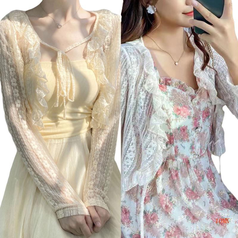 Áo Khoác Cardigan Ren Hoa Dài Tay Phối Bèo Xinh Xắn Dành Cho Nữ