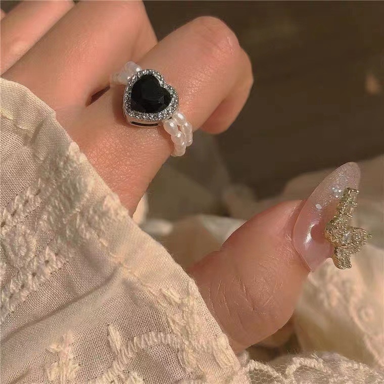 Nhẫn Hai Lớp Hình Trái Tim Màu Đen Đính Ngọc Trai Co Giãn Điều Chỉnh Được Phong Cách Retro