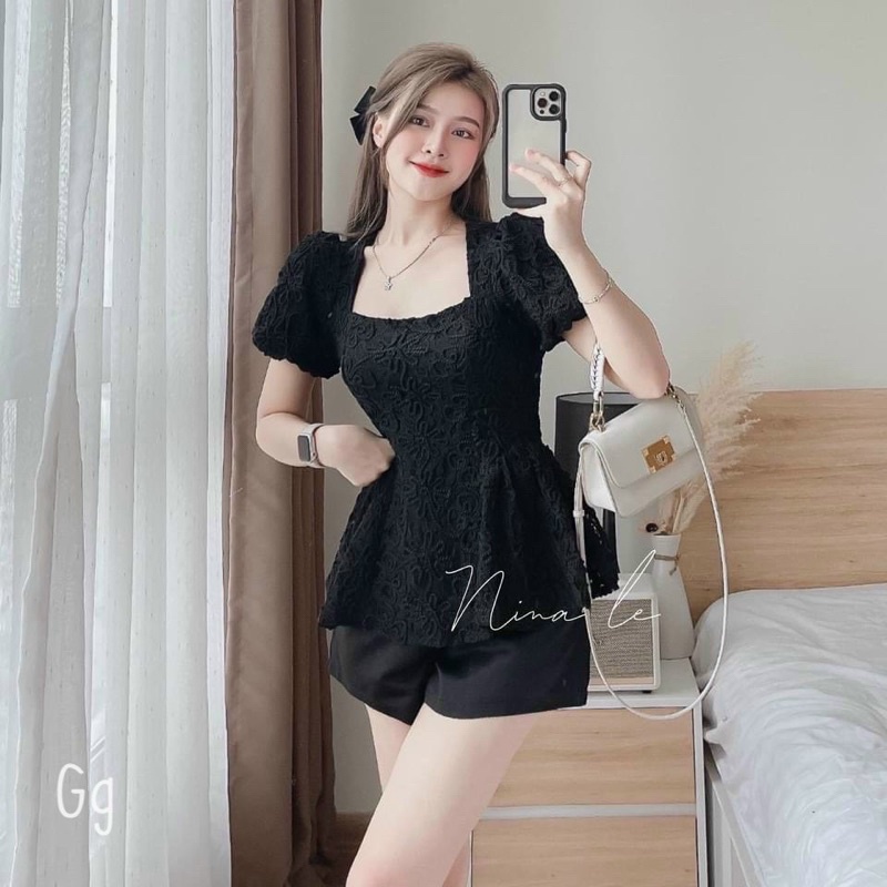 Sét bộ đồ nữ áo cổ vuông tay phồng phối ren  có mút ngực kèm quần short tapta tôn dáng dễ thương cực xinhGg alohas