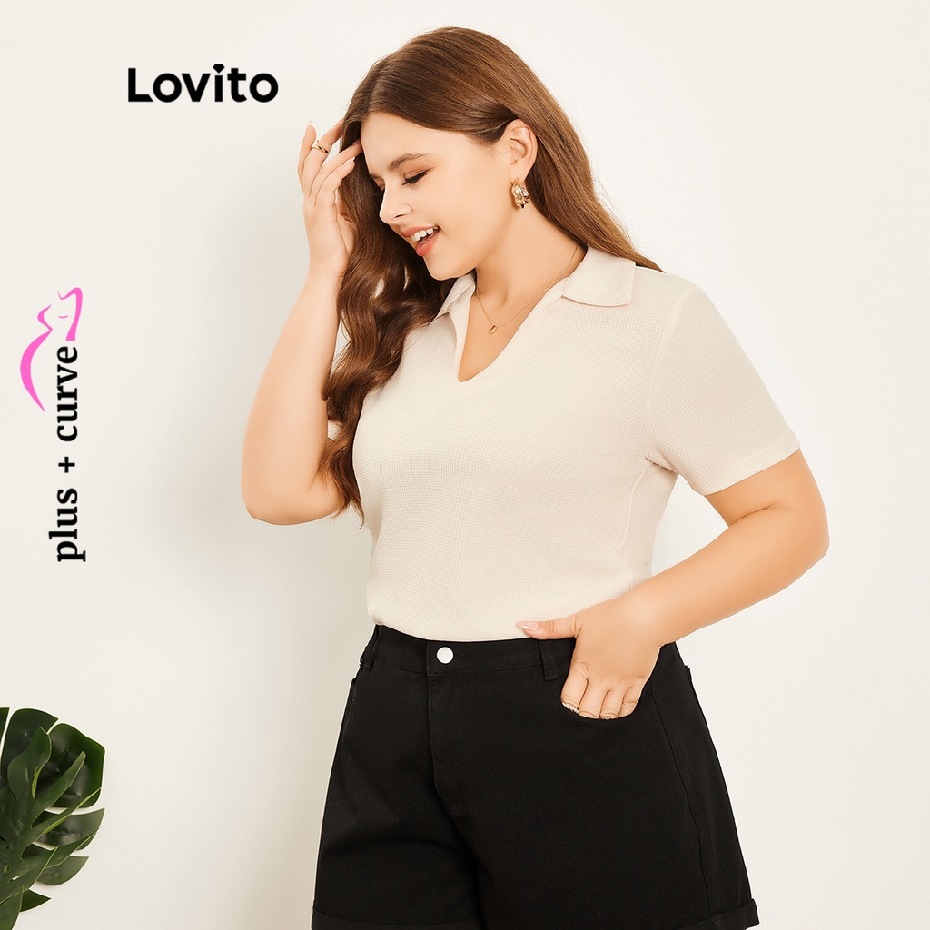 Áo thun waffle Lovito cổ polo màu trơn thường ngày tôn đường cong size lớn cho nữ LPS07004 (Màu kaki)