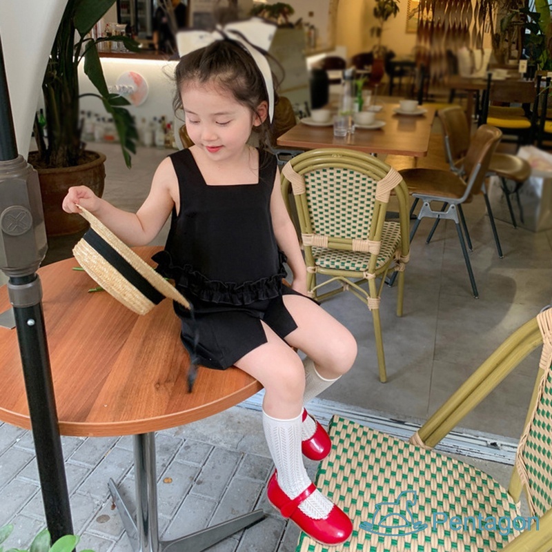 Bộ Áo Cotton Cổ Vuông + Quần Short Dáng Rộng Màu Trơn Thời Trang Mùa Hè Cho Bé Gái