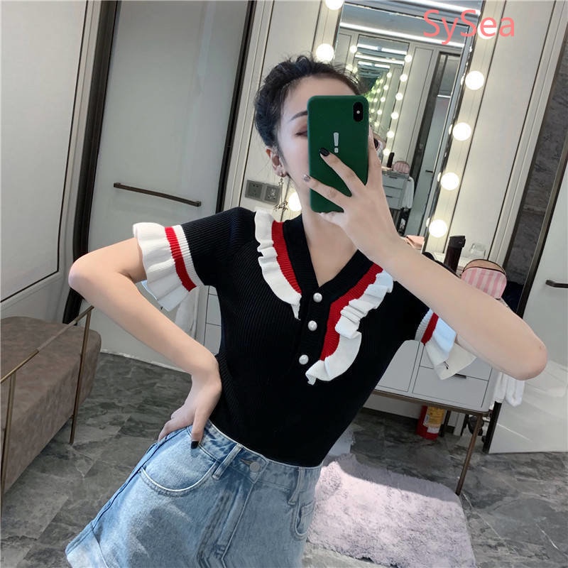 Áo Dệt Kim Cổ Chữ V Phối Bèo Thời Trang Mùa Hè Phong Cách Retro Cho Nữ