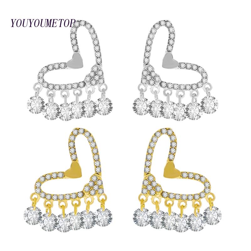 Bông Tai Dạng Tua Rua Hình Trái Tim Đính Đá Zircon Thời Trang Sang Trọng YOUYO