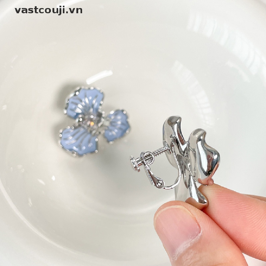 Bông Tai Hình Hoa Đính Pha Lê Màu Xanh Dương Phong Cách Hàn Quốc Cổ Điển Thời Trang Cho Nữ