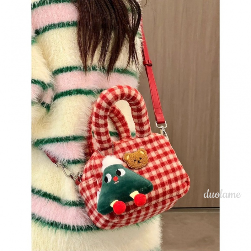 Túi Xách Đeo Vai Kiểu Vuông Nhỏ Sọc Ca Rô Phối Lông Thời Trang Nữ Đáng Yêu