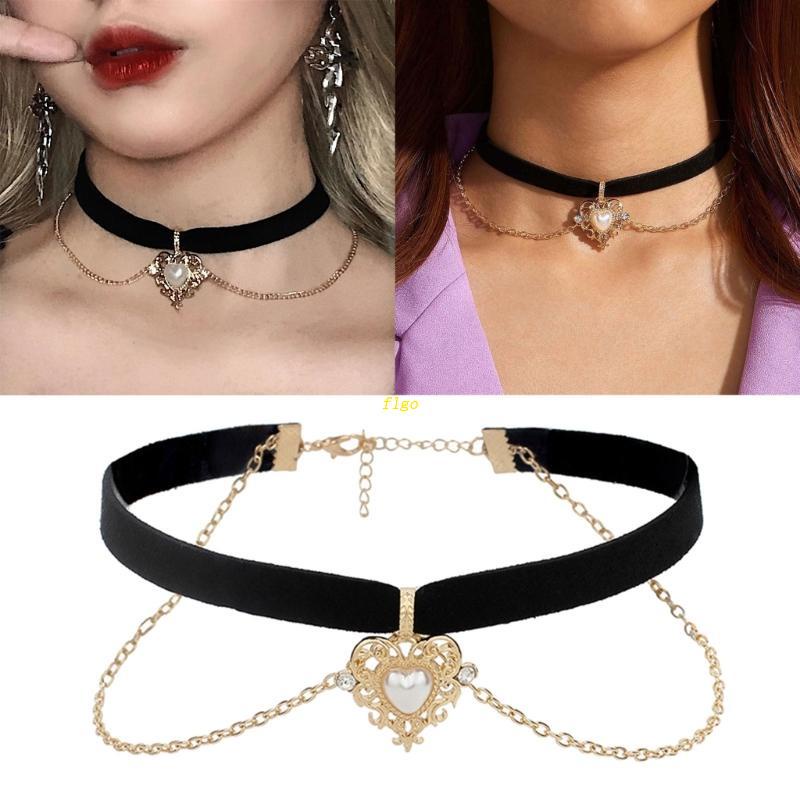 Vòng Cổ Choker Nhung Đen Đính Ngọc Trai Giả Nhiều Lớp Phong Cách Gothic Cổ Điển Cho Nữ