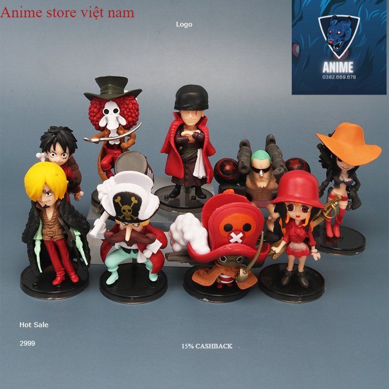 (Đỏ) Set 9 mẫu OnePiece Luffy Zoro Sanji Nami Robin Chopper Franky Brook
