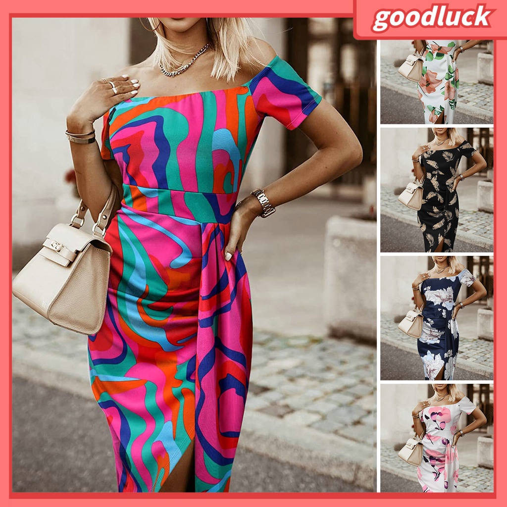 Đầm Midi Tay Ngắn Hở Vai Dáng Ôm In Họa Tiết Hoa Thời Trang Mùa Hè Xinh Xắn Cho Nữ