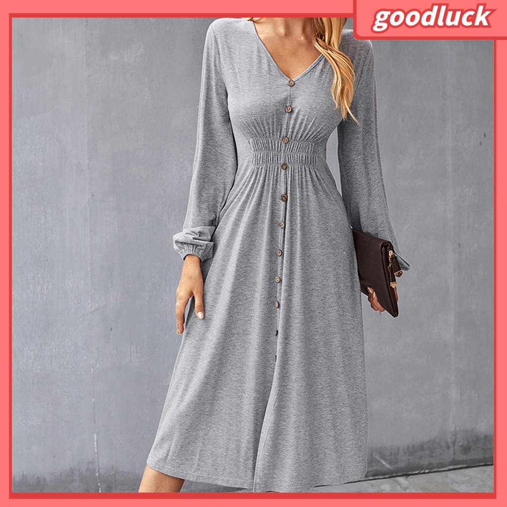 [GUC] Đầm Midi Dáng Chữ A Tay Dài Phồng Cổ Chữ V Xẻ Tà Phía Trước Eo Co Giãn Màu Trơn Thanh Lịch Dành Cho Nữ