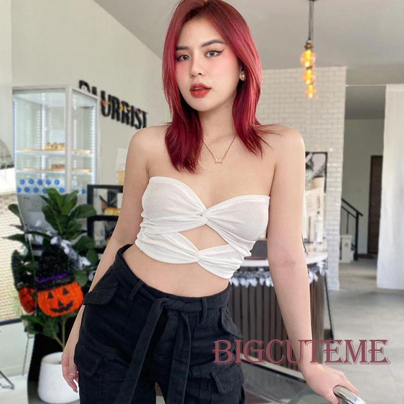 [] - Áo Croptop Hở Vai Hở Lưng Màu Trơn Thắt Nút Thời Trang Đường Phố Câu Lạc Bộ Đường Phố Cho Nữ
