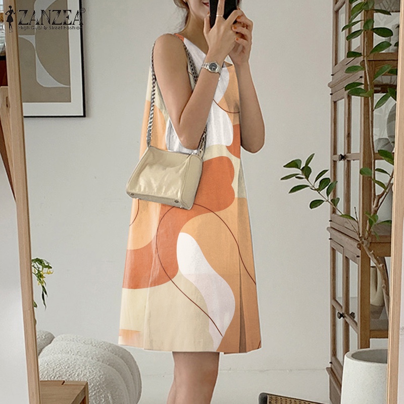 Zanzea Đầm Sát Nách Cổ Tròn In Họa Tiết Chữ H Phối Túi Sau Lưng Thời Trang Cho Nữ