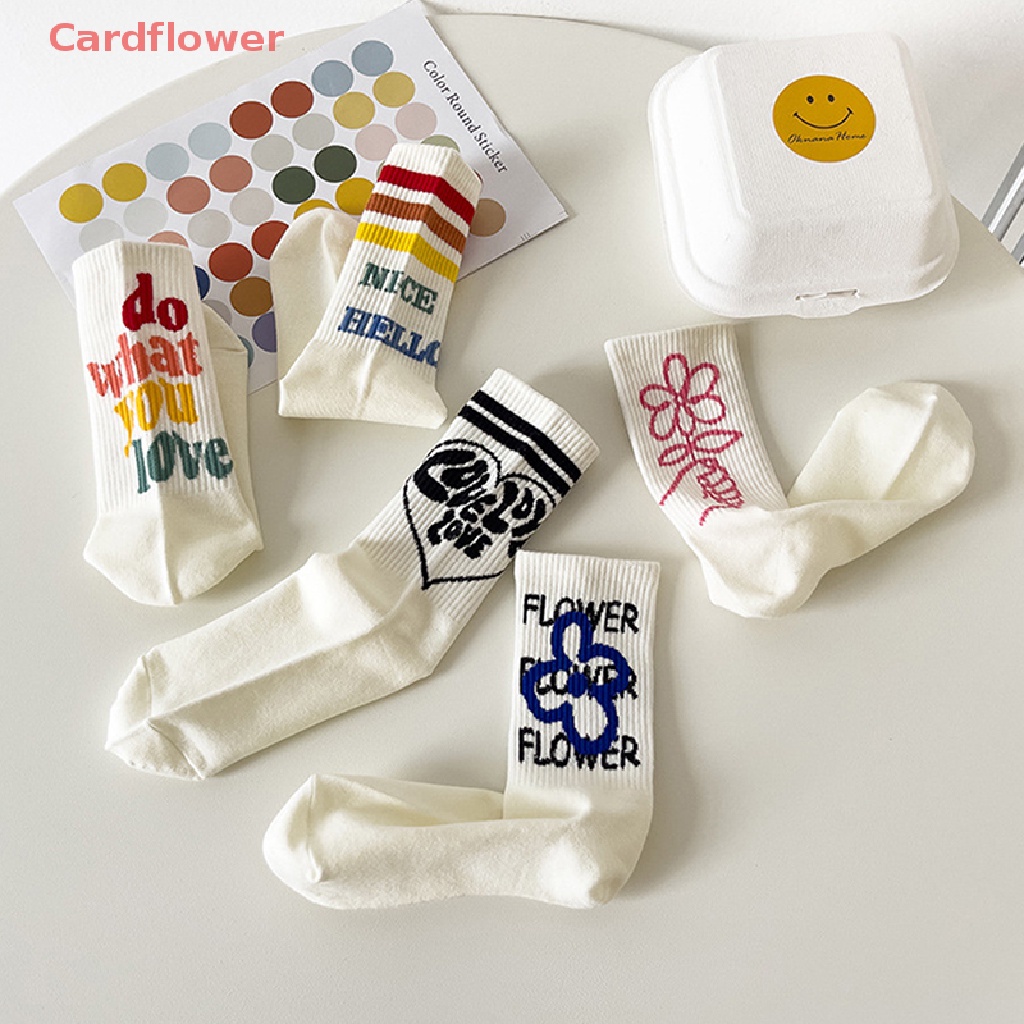 < Cardflower > Vớ Cotton Trắng Thể Thao Mùa Thu Họa Tiết Kẻ Sọc In Chữ Vui Nhộn Mới Cho Nữ