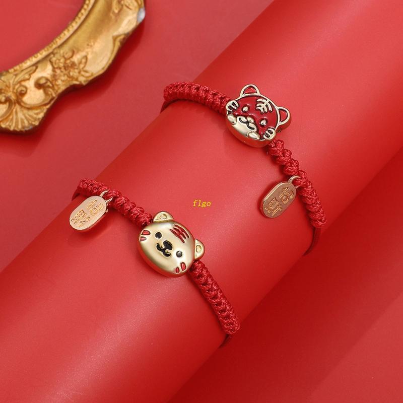 Vòng Tay Dây Đỏ May Mắn Mặt Hình Đầu Hổ Hoạt Hình Phong Cách Trung Hoa Có Thể Điều Chỉnh Được