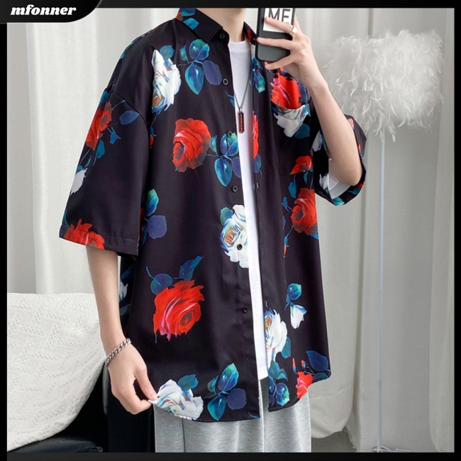 Áo Sơ Mi Cotton Ngắn Tay Dáng Rộng In Họa Tiết Retro Cá Tính Dành Cho Nam