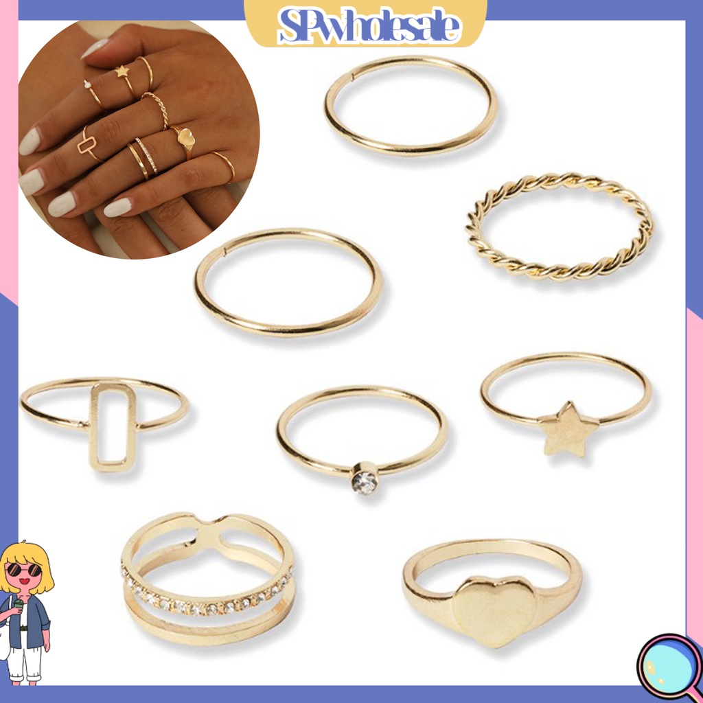 <SPwholesale> Set 8 Nhẫn Đeo Tay Kim Loại Đính Đá Thời Trang Cho Nữ