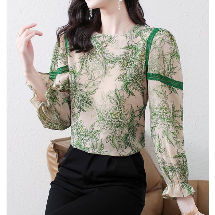 Áo Sơ Mi Chiffon Cổ Tròn Tay Dài Màu Xanh Lá In Họa Tiết Thời Trang Mùa Xuân Cho Nữ