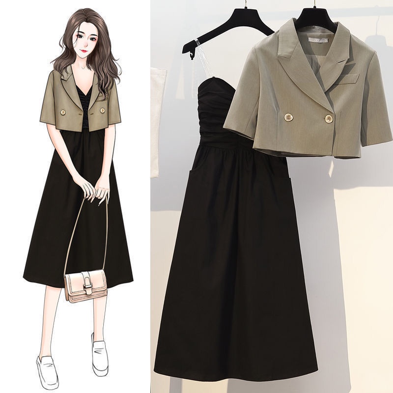 Set Đầm 2 Dây + Áo Khoác Blazer Màu Đen Tay Ngắn Thời Trang Công Sở Cho Bạn Gái