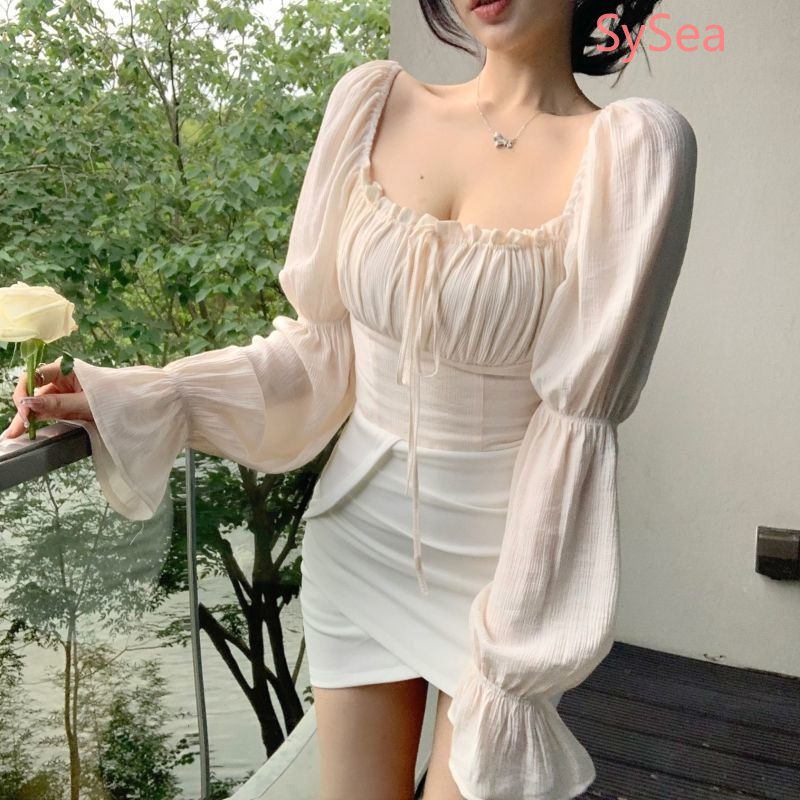 Áo Kiểu Tay Phồng Cổ Vuông Phong Cách Pháp Thanh Lịch Cho Nữ