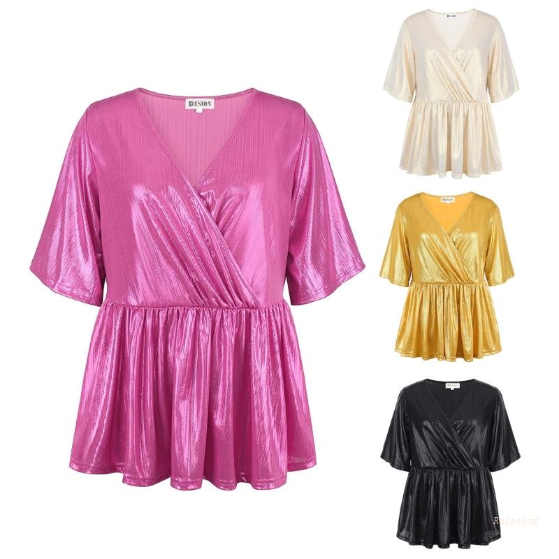 Áo Thun Tay Ngắn Xếp Ly Cảm Giác Ánh Kim Dành Cho Nữ