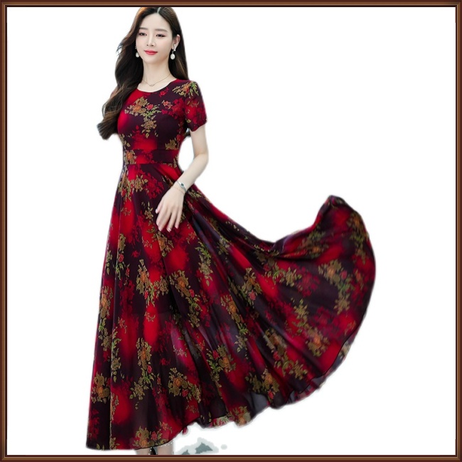 Đầm Midi Tay Ngắn Cổ Tròn Dáng Chữ A in Họa Tiết Hoa Thời Trang Xinh Xắn Cho Nữ