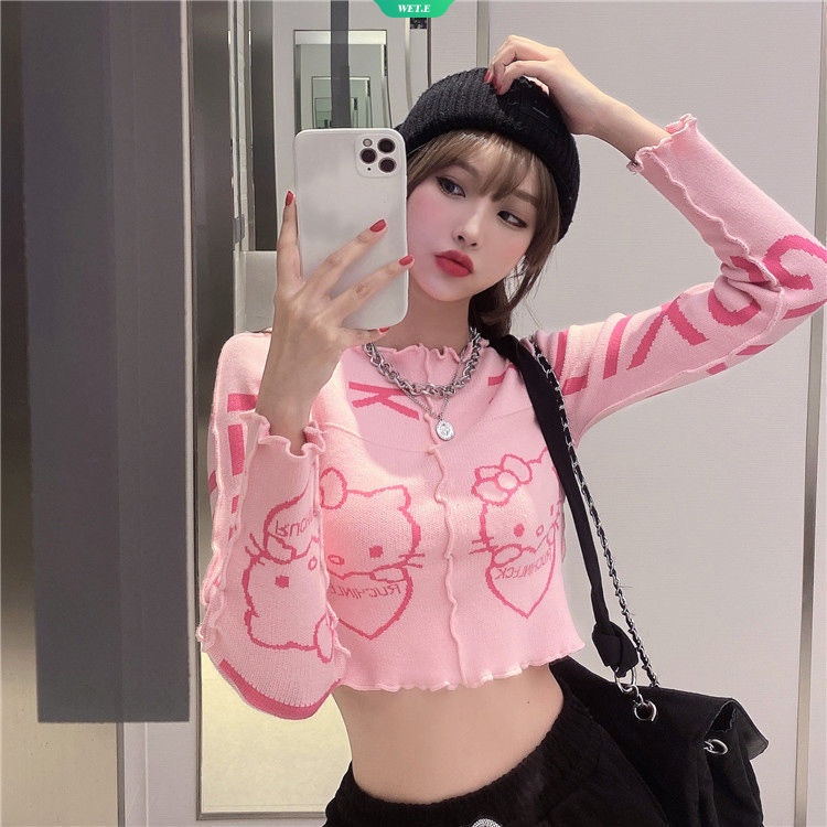 Áo Sweater Dệt Kim Tay Dài Dáng Ôm In Hoạt Hình Sanrio Kitty Thời Trang Xuân Thu 2023 Cho Nữ