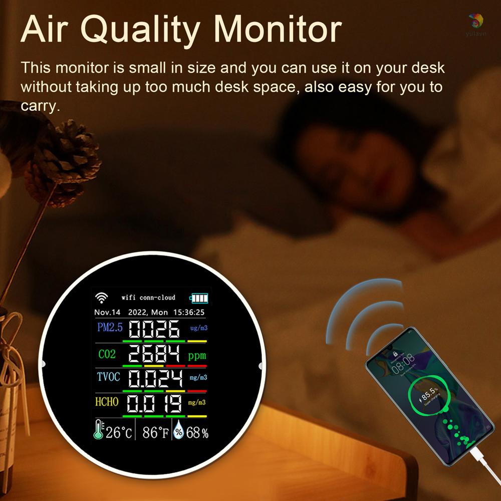Thiết Bị Đo Độ Ẩm Không Khí Kết Nối Wifi 7 Trong 1 PM2.5 CO2 TVOC HCHO AQI Có Màn Hình Hiển Thị Màu