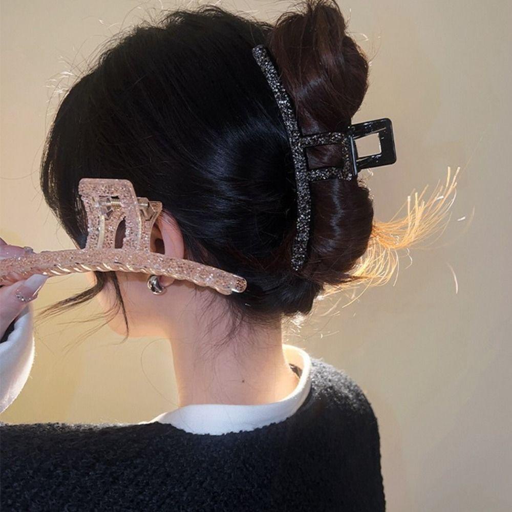 Kẹp Tóc Màu Đen Kích Thước Lớn Thiết Kế Đục Lỗ Thời Trang Thanh Lịch Cho Nữ|Kẹp Tóc Acrylic Lấp Lánh Thời Trang