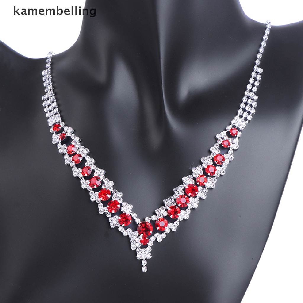 Kamembelling Bộ Vòng cổ + Bông Tai Đính Đá Pha Lê Xanh Dương Hình Chữ V Thanh Lịch Cho Nữ