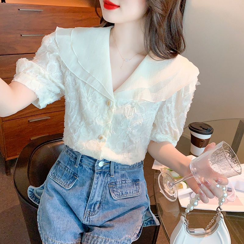 Áo Sơ Mi Chiffon Cổ Búp Bê Tay Ngắn Thời Trang Mùa Hè Dành Cho Nữ