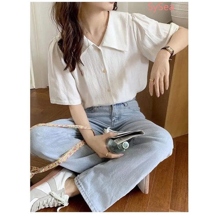 Áo Sơ Mi Trắng Tay Ngắn Cổ Chữ V Phong Cách Hàn Quốc Cho Nữ