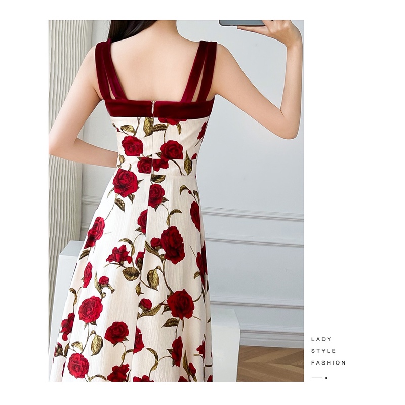 Vintage phong cách hoa hồng in đầm cho phụ nữ mùa hè ánh sáng chín gió sling váy hka067